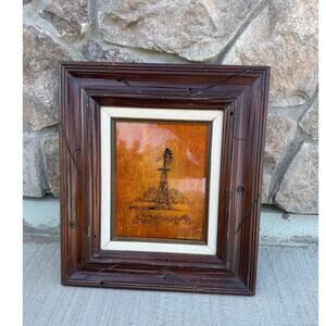 vintage gold leaf etching copper relief windmill painting signed Anne McNeill